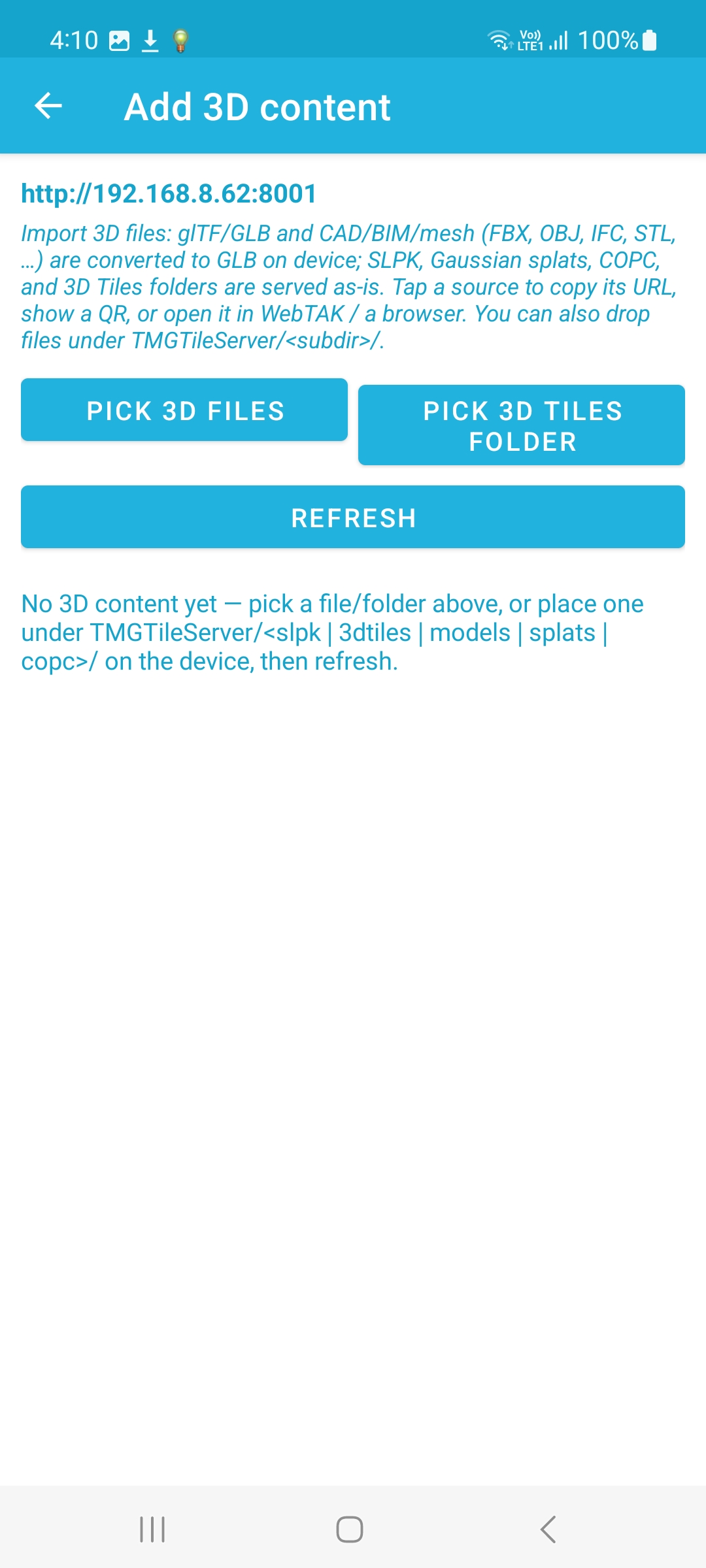 Add 3D content screen on the phone, glTF, GLB, CAD, BIM, mesh, IFC, SLPK, and Gaussian splats