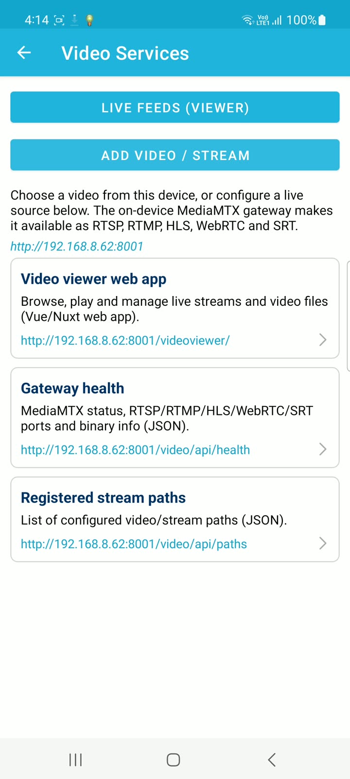 Demo · Video Services, gateway health, stream paths