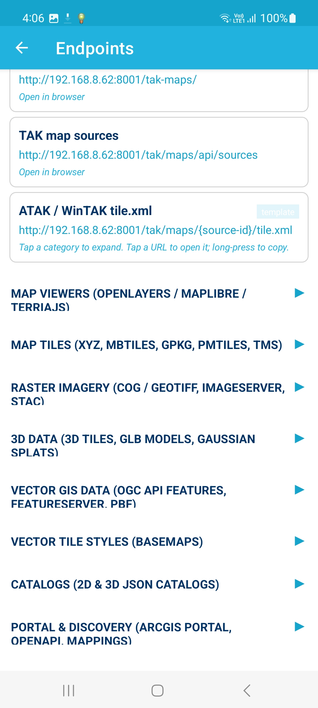 Endpoints screen on the phone listing map tiles, OGC API, and catalog services