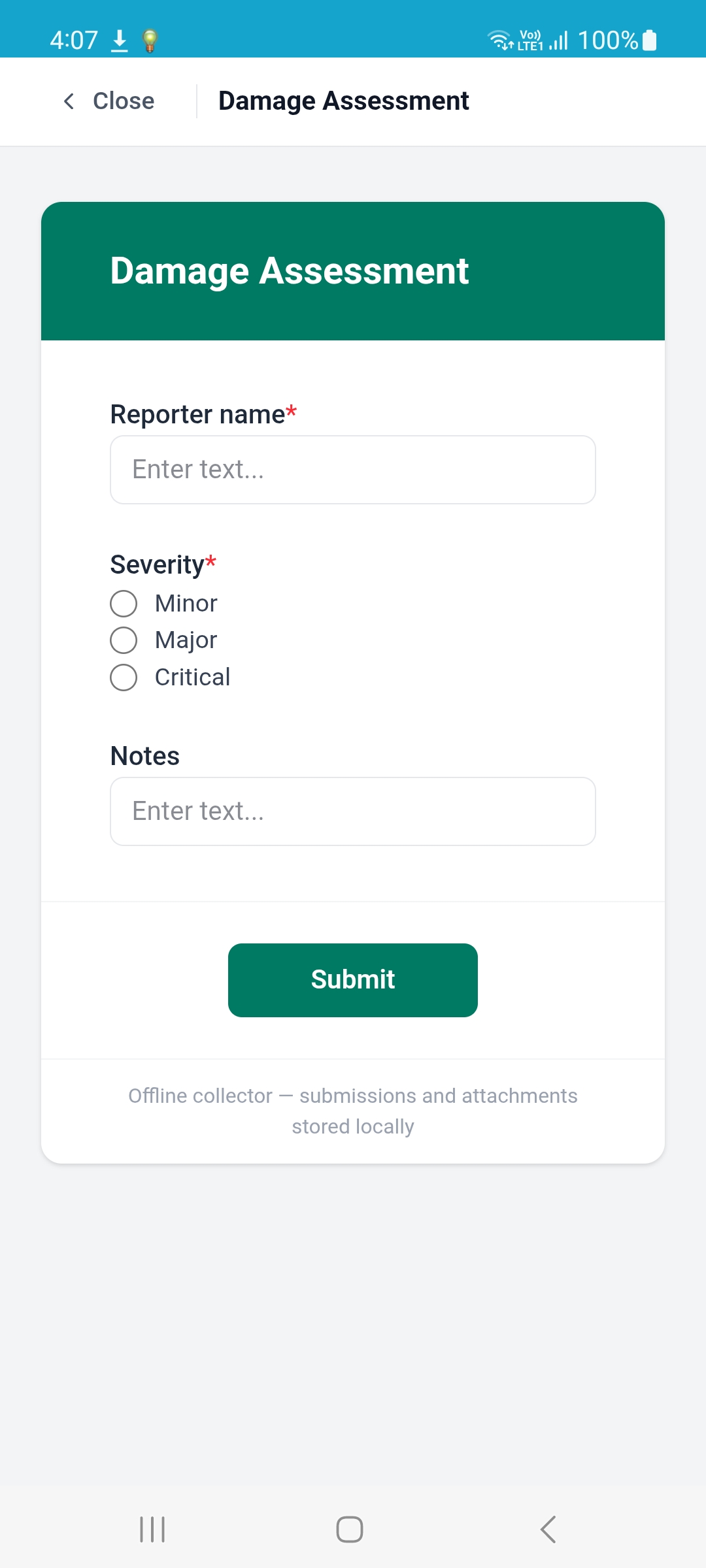 Offline Damage Assessment XLSForm stored locally on the device