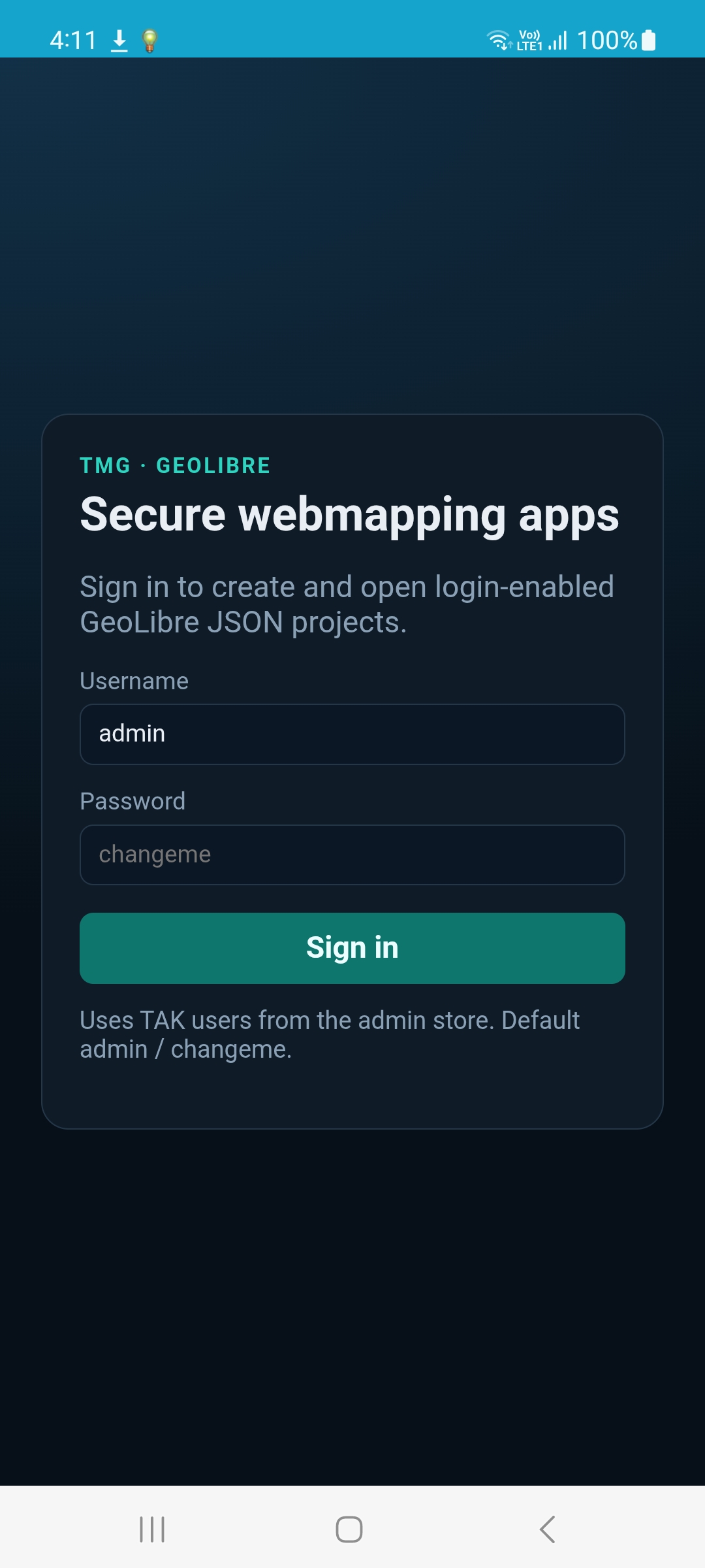 TMG GeoLibre sign-in for creating and opening login-enabled webmapping JSON projects