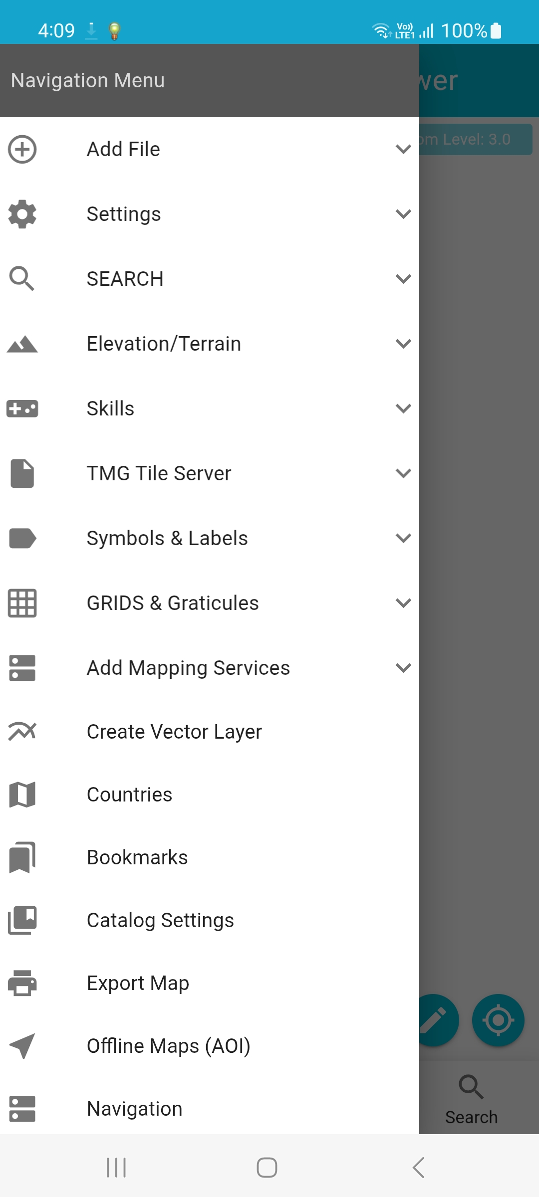 Navigation menu on the device: add file, settings, search, elevation and terrain, symbols and labels, grids and graticules