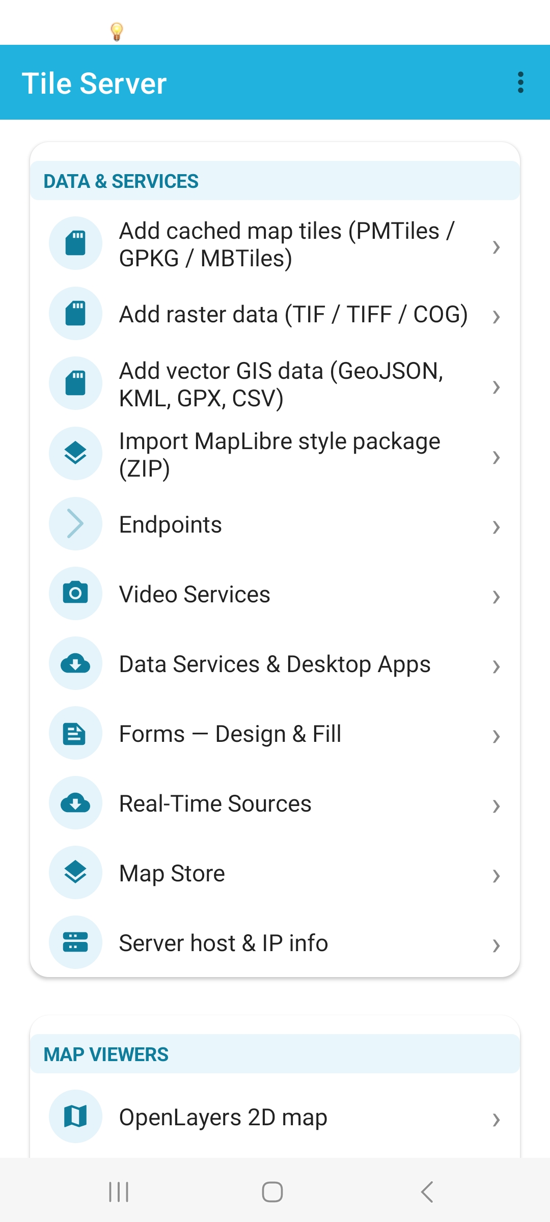 DATA & SERVICES menu: PMTiles, GPKG, MBTiles, raster, vector GIS, endpoints, video, forms