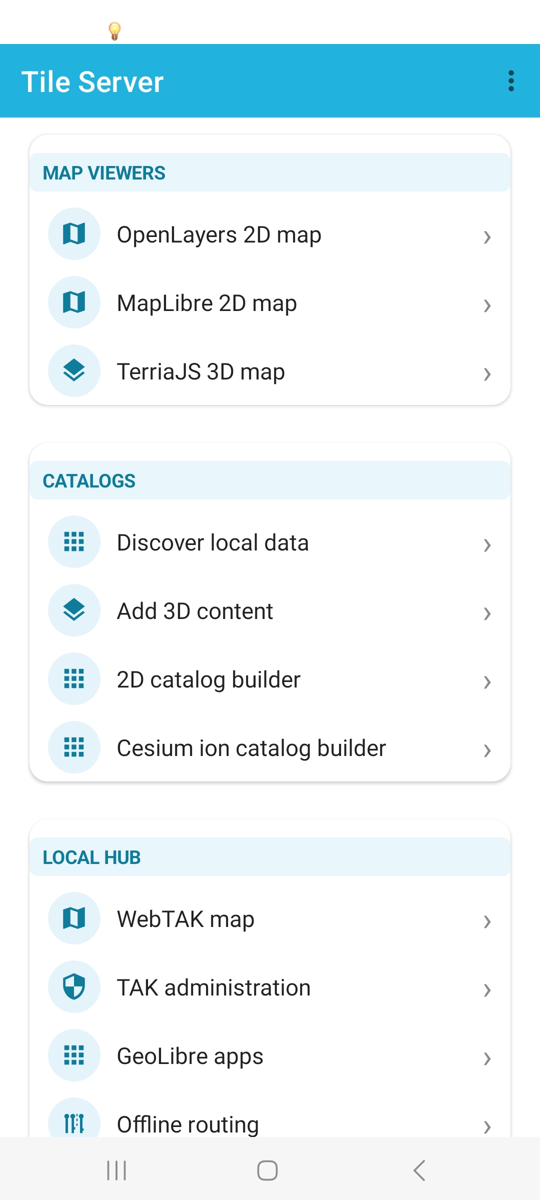 Map viewers: OpenLayers 2D, MapLibre 2D, TerriaJS 3D map, catalogs, WebTAK