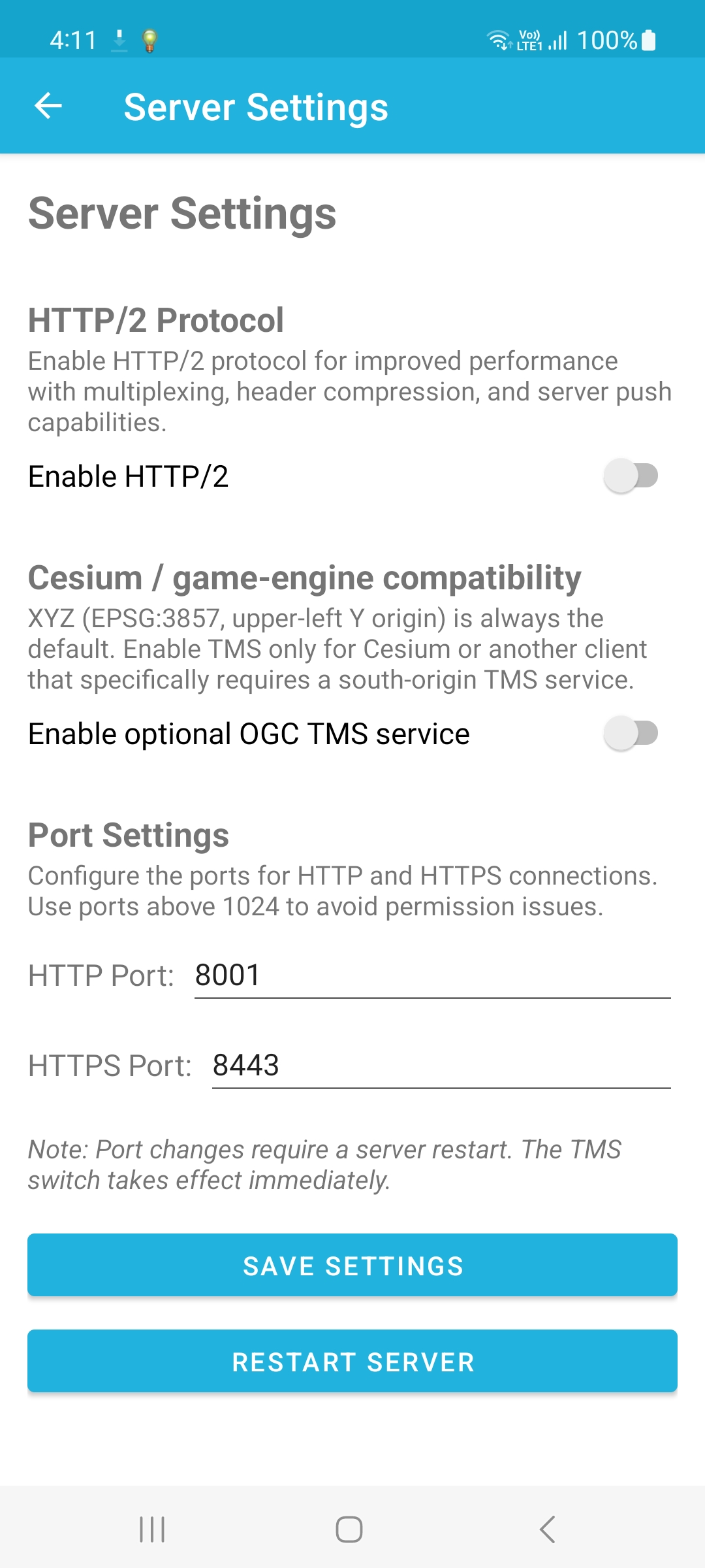 Server Settings screen with Cesium and game-engine compatibility and the optional OGC TMS service switch