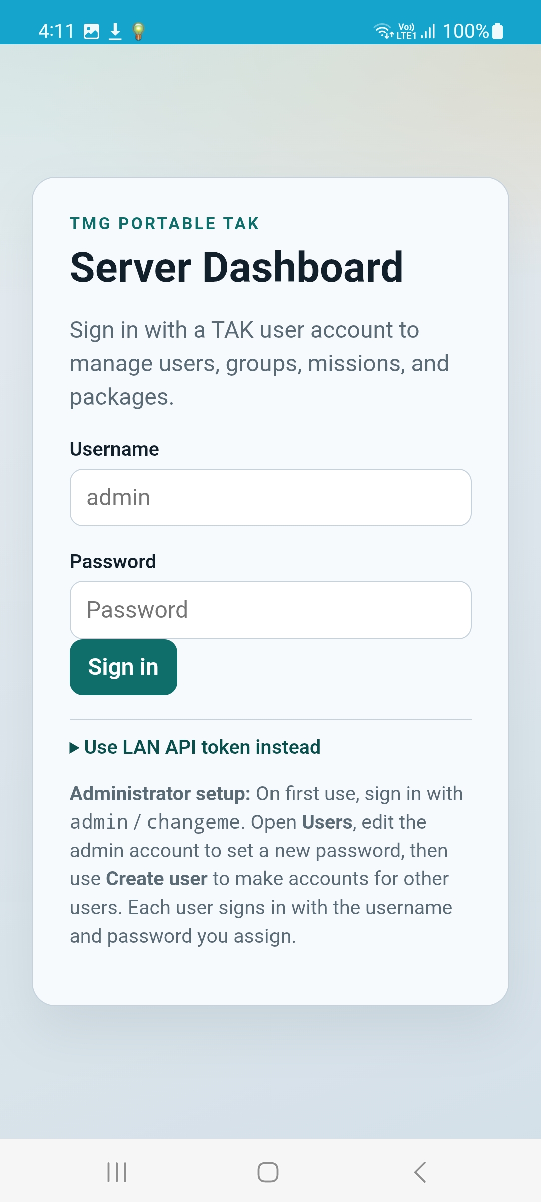 TMG Portable TAK Server Dashboard login on the phone