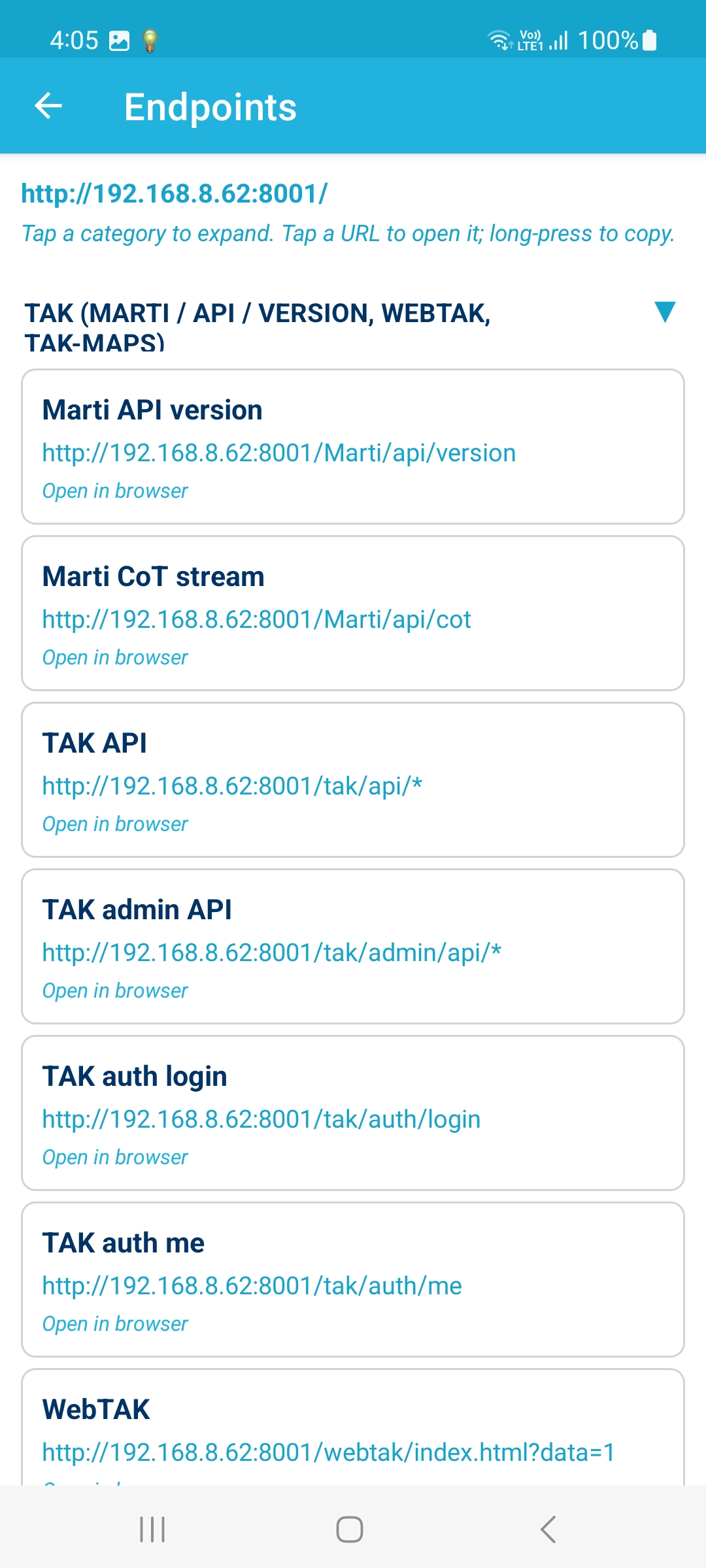TAK Marti API endpoints: version, CoT stream, TAK API, WebTAK