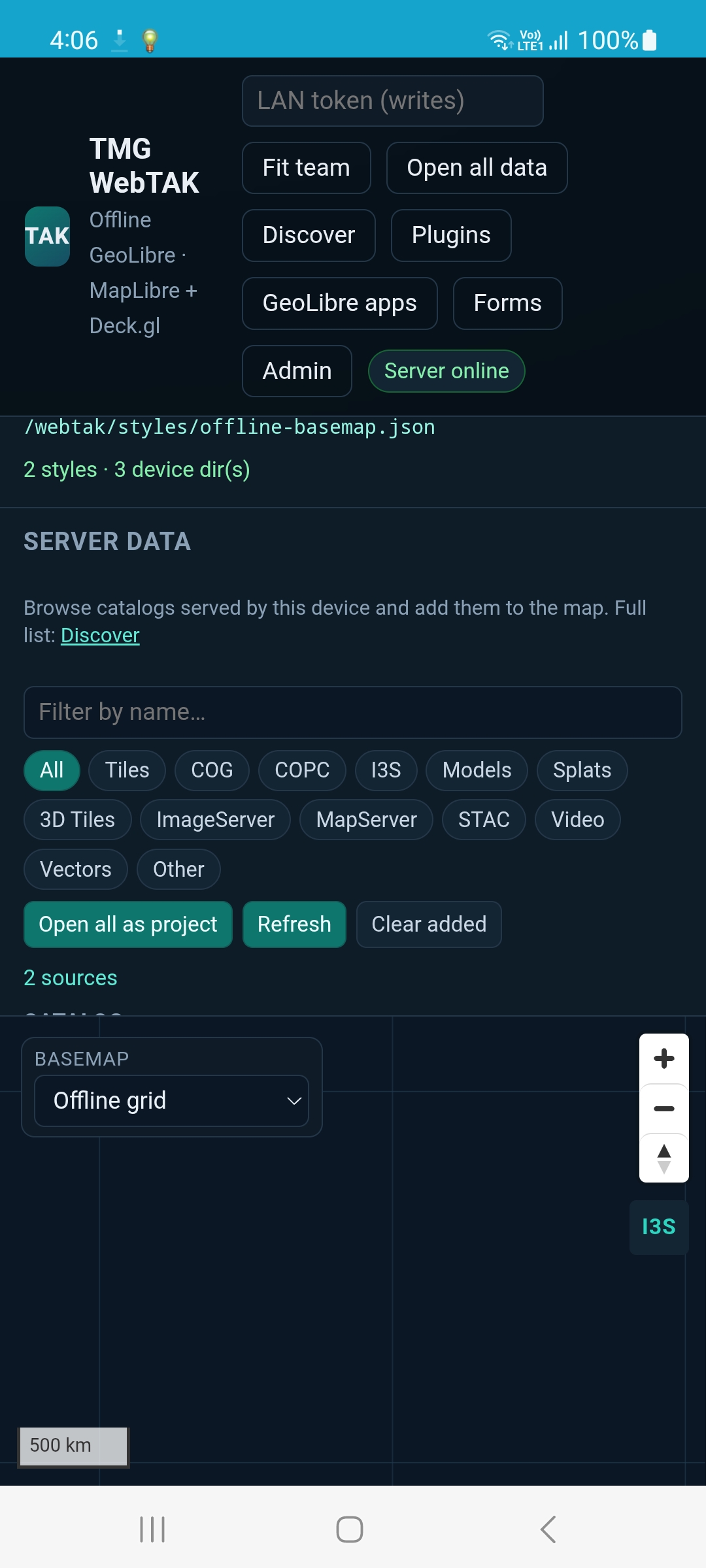 TMG WebTAK offline GeoLibre map, Server online, catalogs, I3S